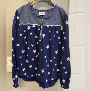 Hanna Andersson Navy Chambray Ruffle-Neck Top / Size 14-16 (160 cm) / VGUC